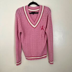 JEFFREE STAR Cosmetics Pink Embroidered Varsity Cableknit Sweater, Pink- M